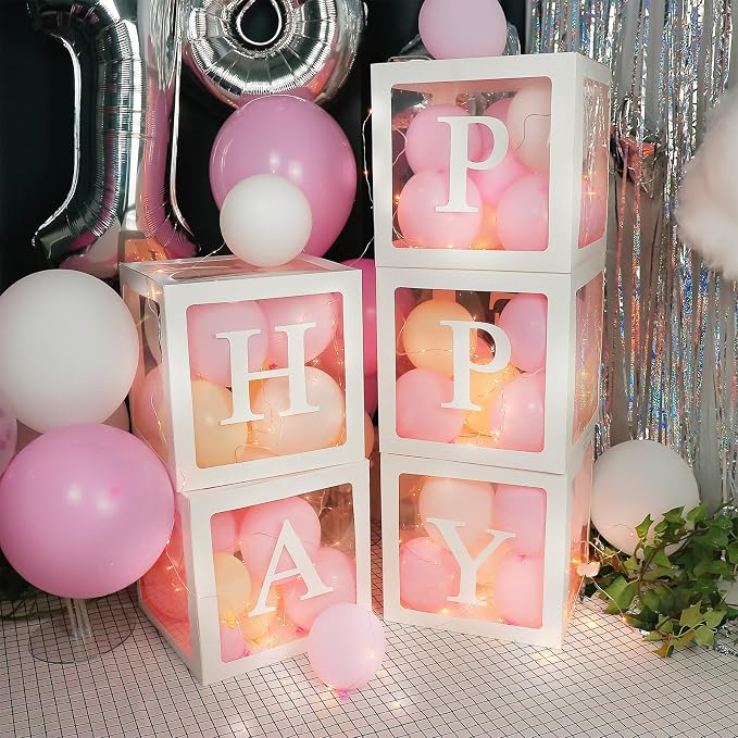 Ledido Transparent Balloon Boxes, Clear Balloon Boxes with 5 Pcs String Lights and 78 Letters for Baby Shower Gender Reveal 2026 New Year Grad Party Birthday Anniversary Bridal Decor - 5 White Boxes