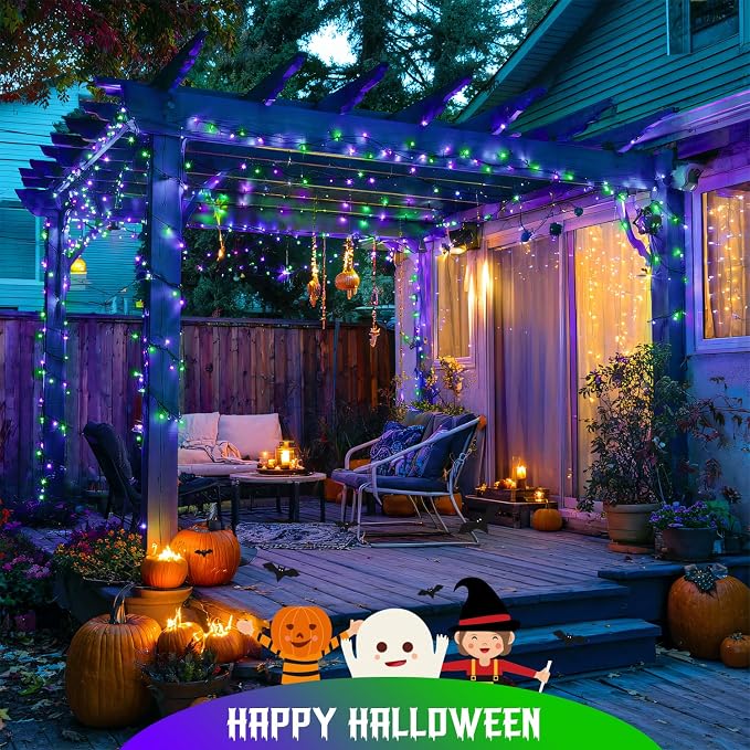 JMEXSUSS 2 Pack Solar String Lights Outdoor Waterproof, Total 66 FT 200 LED Solar Christmas Lights Outdoor, Twinkle Light for Christmas Tree Outside Garden Yard Xmas Decor, Purple and Green