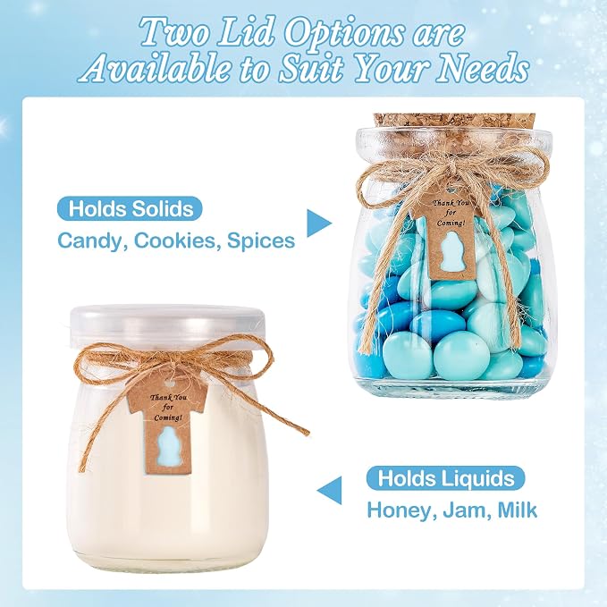 24 Pcs Baby Shower Party Favors for Guests, Baby Shower Gifts for Guest, 3.4 oz Small Glass Mason Jars with Cork Lids, Stickers, Label Tags, Twine, Organza Bags, Mini Candy Jar Favors for Boy