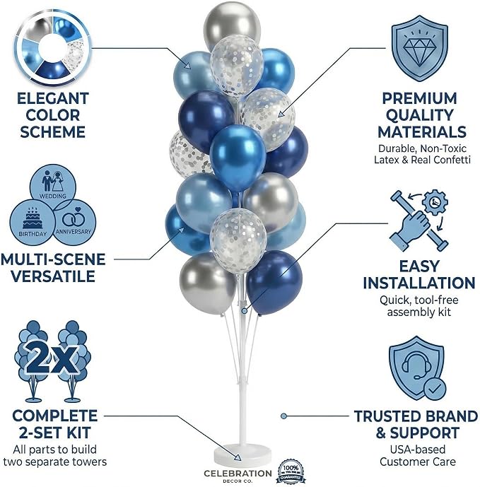 Blue Silver Balloon Column Kit Set of 2 With Dark Navy Confetti Balloons Included-Balloon Tower Stand, Base&Pole,Backdrop Decoration for Wedding, Baby Shower,Birthday,Graduation,Engagement Party