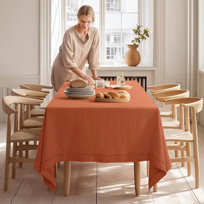 Linen World Fall Linen Tablecloth 120" x 60" Inch,French Linen Washable Rectangular Table Cloth for Dining,Outdoor, Weddings and Restaurants,Decorative Thanksgiving Christmas,Caramel Hemstitch