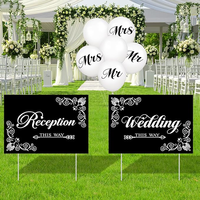 2 Pcs Wedding Reception Signs with 6 White Balloons, Set of 2 Double-Sided Directional Arrow Yard Signs with Metal Stakes, Waterproof Plastic Outdoor Decor Kit for Ceremony and Parking