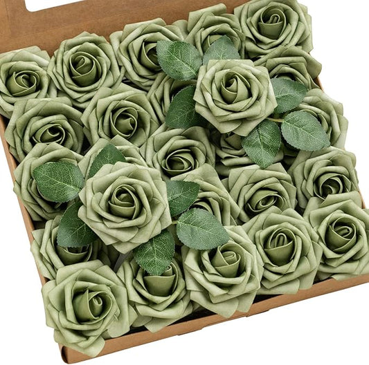 Ling's moment Artificial Flowers 25Pcs Elf Green Roses Decor w/Stems,3" DIY Foam Floral for Wedding Bouquet/Centerpieces, Outdoors Party Backdrop, Room/Table, and Garden/Pot Decorations