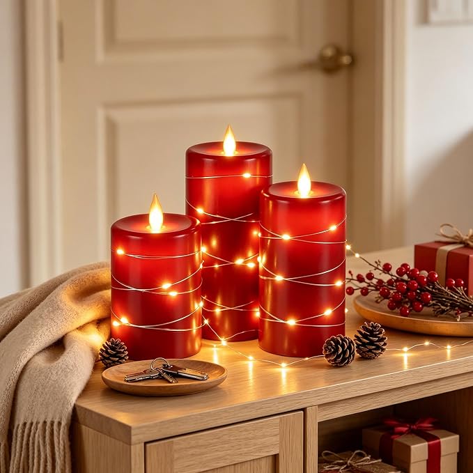 3 Pack Red Real Wax Flameless Taper Candles, Realistic Flickering LED Candles with Surrounding Fairy String Lights, Soft Warm Battery Candle Lights with Remote for Holiday Wedding Indoor Outdoor Decor
