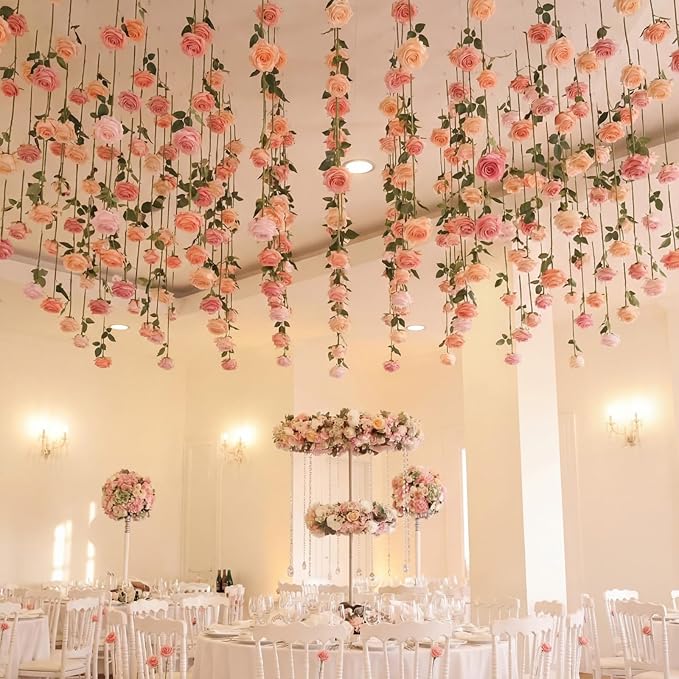 Lyrow 60 Pack Pink Roses Artificial Flowers Bulk Hanging Floating Garland Fake Pink Rose Vine for Ceiling Decoration Wedding Anniversary Bridal Bouquet DIY Floral Arrangement Proposal Romantic Decor