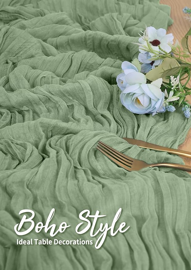 10 Pack Cheesecloth Table Runner Sage Green, Rustic Boho Gauze Fabric Table Runner Romantic Table Runner for Wedding, Festival, Birthday, Anniversary, Dinner and Outdoor Events (17.7 x 108 inch)