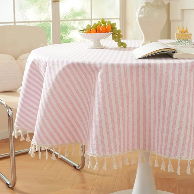 meioro Striped Round Tablecloth, Cotton Blend Fabric Pink Circle Table Cloth with Tassel, Washable Wrinkle Free Table Cover Cute Small Tablecloths for Card Coffee Tables Home Party - Round 60 Inch