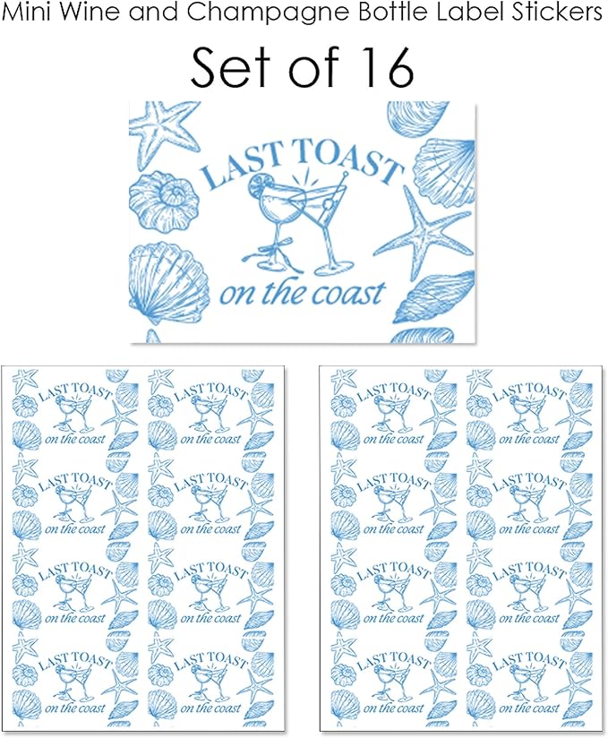 Big Dot of Happiness Last Toast on the Coast Mini Wine and Champagne Bottle Label Stickers, Beach Bachelorette Party Favor Gift for Coastal Bridal Shower - Set of 16