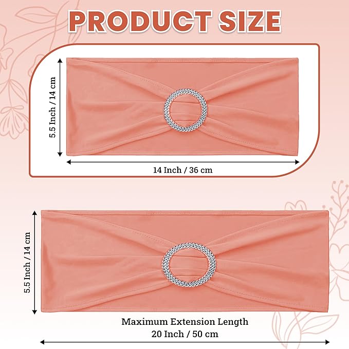VDS - Coral Peach | Spandex Chair Sashes Bows | 25 PCS | Stretch Elastic Banquet Universal Folding Chair Band Tie with Silver Buckle Slider for Wedding Party Conference Celebration Event Decoration