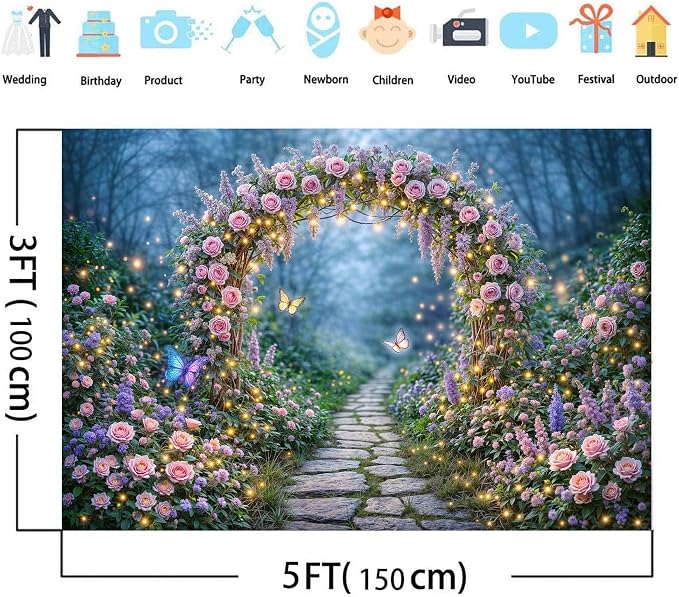 5x3ft Enchanted Forest Backdrop Fairy Tale Magic Garden Floral Arch Butterfly Photography Background for Kids Girls Baby Shower Birthday Party Decoration Photo Booth Props
