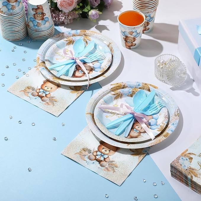 Ziliny 350 Pcs Bear Baby Shower Party Supplies We Can Bearly Wait Paper Plates Napkins Cups and Plastic Cutlery Party Tableware Set for Bear Baby Shower Birthday Decorations, Serves 50