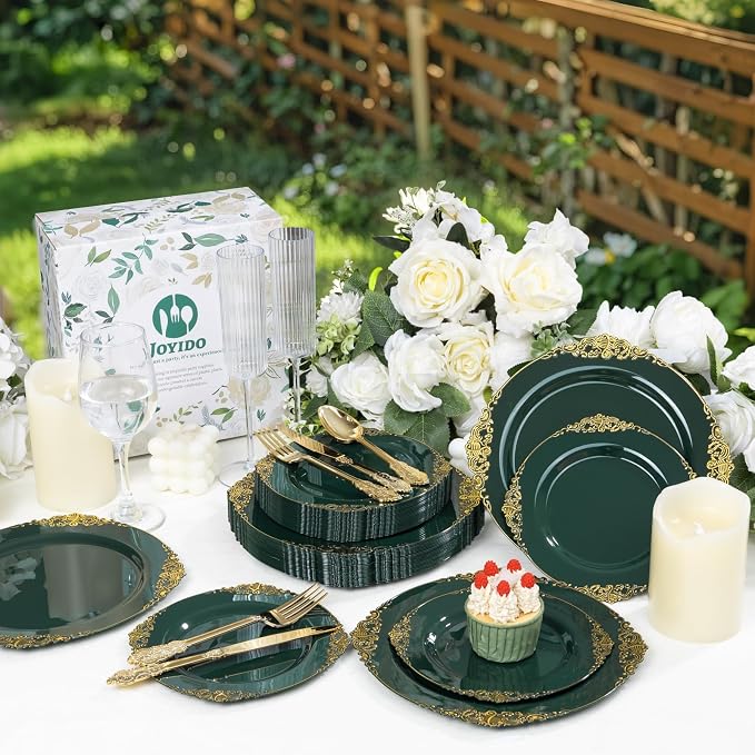 125PCS Green Plastic Plates - Green and Gold Disposable Plates - Fancy Vintage Plate with Gold Plastic Silverware Set for 25 Guests for Party Wedding Holiday