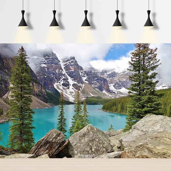 Mountain Lake Backdrop Banff National Park Moraine Lake Background Canadian Huge Rocks Snow Mountains Pine Trees Forest Photography Background Mountains Turquoise Water Backgrounds Props 20x10ft