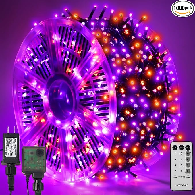 WATERGLIDE 1000 LED Halloween String Lights, 328 FT Green Wire LED Decorative Fairy Lights with Remote & 8 Modes, Waterproof for Outdoor Xmas Holiday Party Garden Wedding Home Decor, Orange & Purple