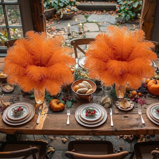 Hanaive 150 Pcs Ostrich Feathers Set Bulk Plumes 12-14 Inch (30-35cm) 70 Pcs Large Ostrich Feathers with 80 Sticks and Tape for DIY Crafts Wedding Home Party Centerpiece Decorations(Orange)
