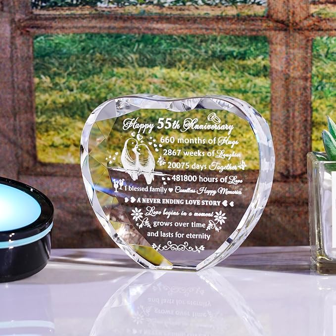 YWHL 55th Wedding Anniversary Crystal Heart Gifts for Couple Parents, Laser Engraved Romantic 55 Year Anniversary Crystal Keepsake Gifts for Wife Husband, 55 Years of Marriage Gifts for Her Him