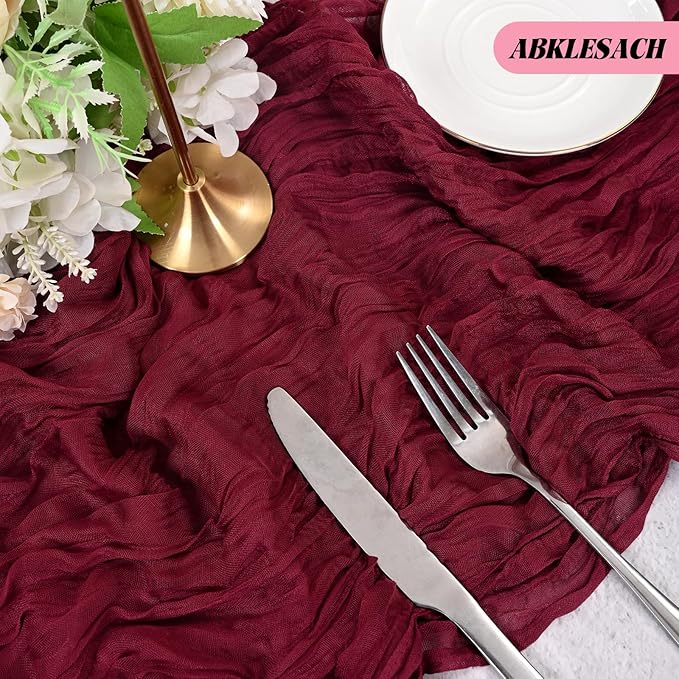 12 Pack Burgundy Cheesecloth Table Runner 120 inch Fall Thanksgiving Boho Rustic Gauze Farmhouse 10FT Cheese Cloth Runner for Baby Shower Wedding Party Holiday Home Decor