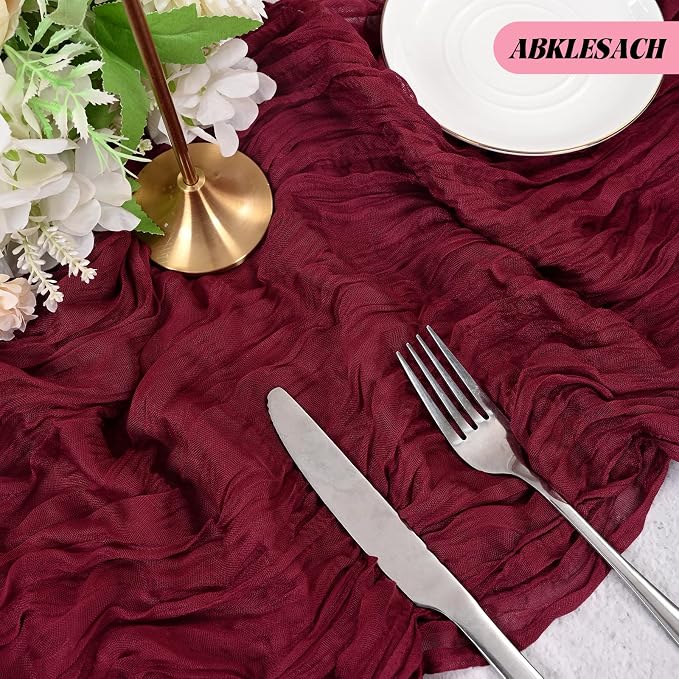 12 Pack Burgundy Cheesecloth Table Runner 120 inch Fall Thanksgiving Boho Rustic Gauze Farmhouse 10FT Cheese Cloth Runner for Baby Shower Wedding Party Holiday Home Decor
