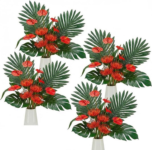 Hotop 144 Pcs Artificial Tropical Flowers for Summer Party Centerpieces Fake Floral Decor Set with Leucospermum Pincushion Flowers Anthurium & Tropical Leaves (Monstera/Palm) for Table Centerpieces