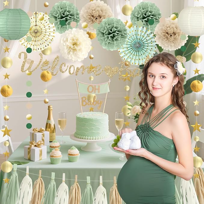 Sage Green Baby Shower Decorations - Welcome Baby Banner, Paper Lanterns, Tissue Pom Poms, honeycombs, Paper fan Tassel, Circle Dots Star, Gender Reveal Birthday Party Decorations