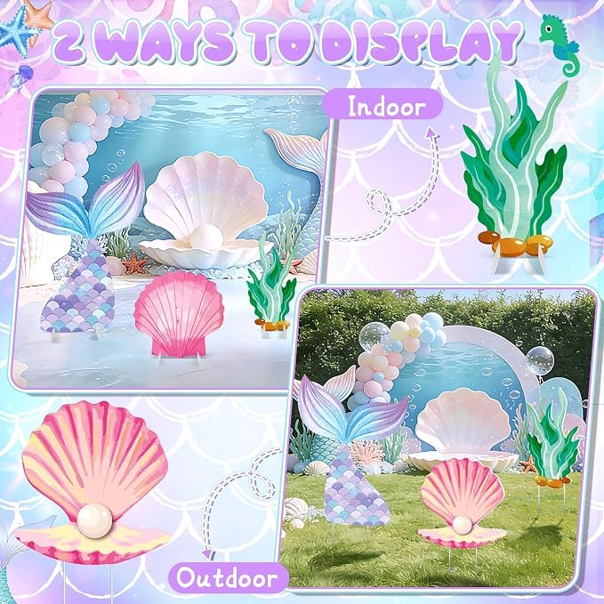 6 Pcs Mermaid Backdrop Under The Sea Birthday Party Decorations Large Mermaid Tail Seaweed Seashell Cardboard Cutouts Ocean Theme Booth Photo Props for Baby Shower Indoor Outdoor Decor