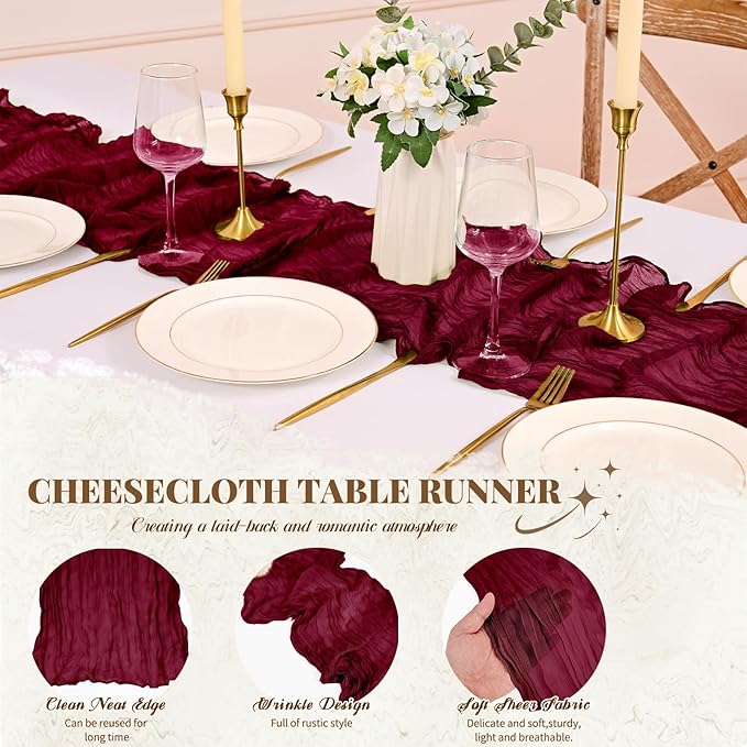 Pesonlook 12 Pack Cheesecloth Table Runner,Burgundy Table Runner Long Romantic Semi Sheer Rustic Boho Gauze Table Runners for Wedding Bridal Shower Birthday Party Decorations(17.7×108 Inch)