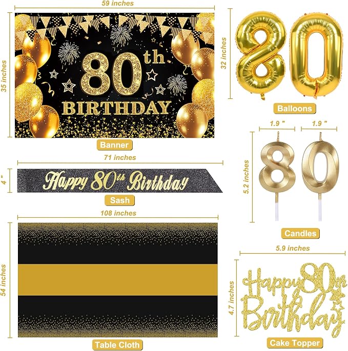 80th Birthday Decorations Men Women with 80th Birthday Banner, Black and Gold Table Cloth, Number Balloons, Large Sash, Cake Topper and Candles