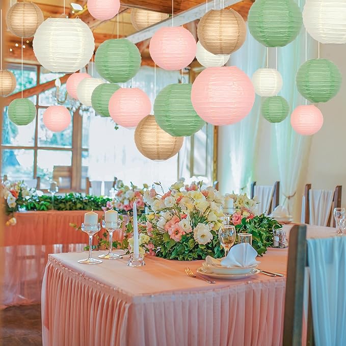 ADLKGG Paper Lanterns Party Decorative, Hanging Paper Lanterns for Sage Green Wedding Valentines Day Decorations Bridal Shower Birthday Neutral Baby Shower Decor Sage Green/Pink/Brown 21pcs