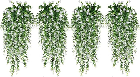 WEISPARK Artificial Hanging Flowers, 12pcs Fake Eucalyptus Vine Faux Flower Greenery Garland Plastic Plants for Indoor Outdoor Wall Garden Wedding Home Party Decor (12pcs White)