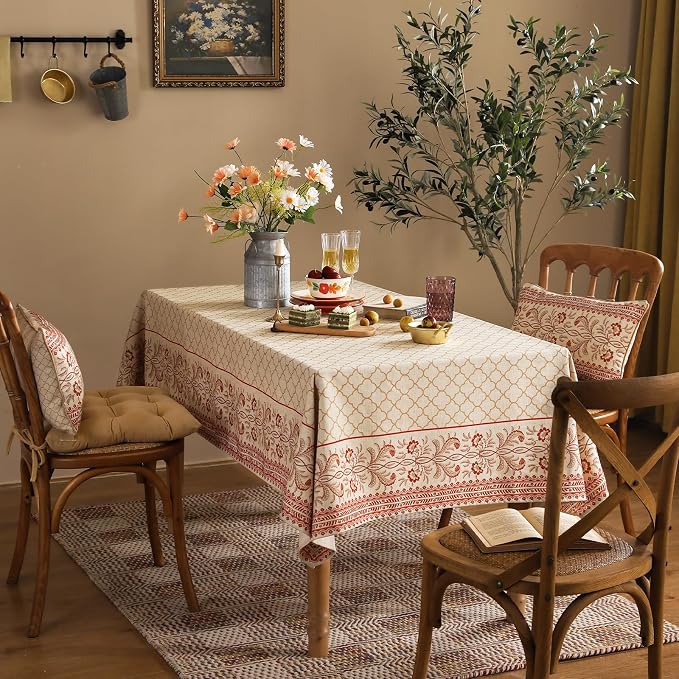 ISAENNE Designer Linen Small Square Tablecloth,55"x55"-Chamonix A | Vintage Elegant Plaid Print Beautiful Heavy Table Cloth,Chinoiserie,Dining Room,Tea Party,Kitchen,Thanksgiving,Decor
