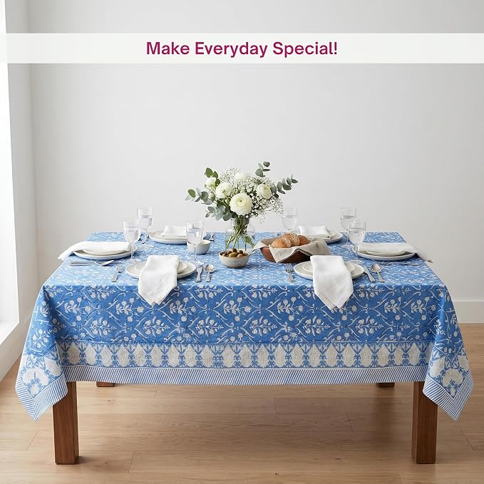ATOSII Maya Blue 100% Cotton Rectangle Spring Summer Tablecloth, Handblock Floral Print Linen Table Cloth for Kitchen Dining I Parties, Weddings, Outdoors, Easter Decor 60 X 108 Inches, 8 Seater