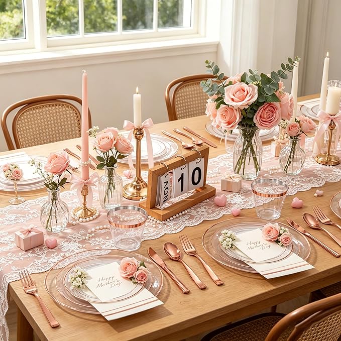 GATHER 350PCS Rose Gold Plastic Plates - Disposable Rose Gold Dinnerware Includes 100 Clear Rose Golds Rimmed Plastic Plates, 150 Silverware, 50 Napkins, 50 Cups for Party, Wedding, Mother's Day