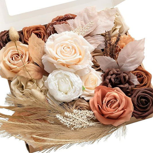 Ling's moment Fake Flowers Box, Faux Artificial Greenery Stems Foam Roses Gardenia Silk Peony Pampas Fabic Flower for Centerpieces Bouquet Wedding Vase Floral Decorations, Boho & Sepia, Grand Combo