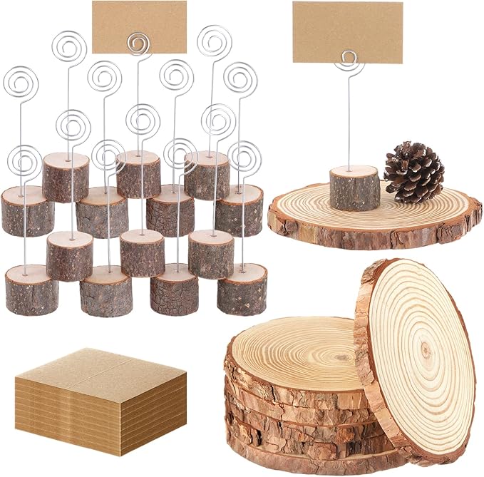 Amyhill Wedding Table Centerpieces 12 Wood Slices 24 Wood Place Card Holders 60 Kraft Place Cards Natural Wooden Table Number Holders Rustic Food Labels Sign Name Card Picture Holder with Swirl Wire