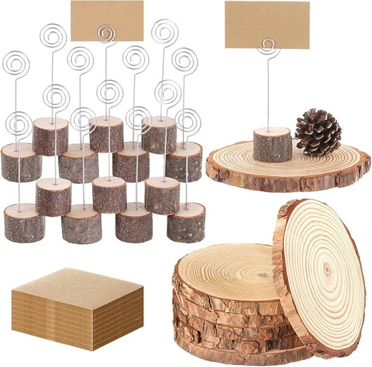 Amyhill Wedding Table Centerpieces 12 Wood Slices 24 Wood Place Card Holders 60 Kraft Place Cards Natural Wooden Table Number Holders Rustic Food Labels Sign Name Card Picture Holder with Swirl Wire
