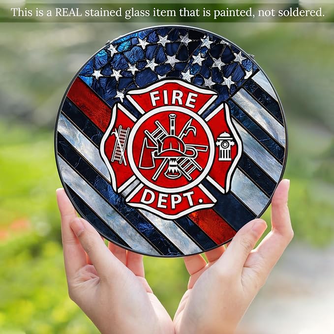 Firefighter Stained Glass Suncatcher 6x6'', Fire Academy Graduation Gift, Fire Department Decor, Firefighter Retirement Gifts, Firefighting Gifts for Men, Memorabilia Keepsake