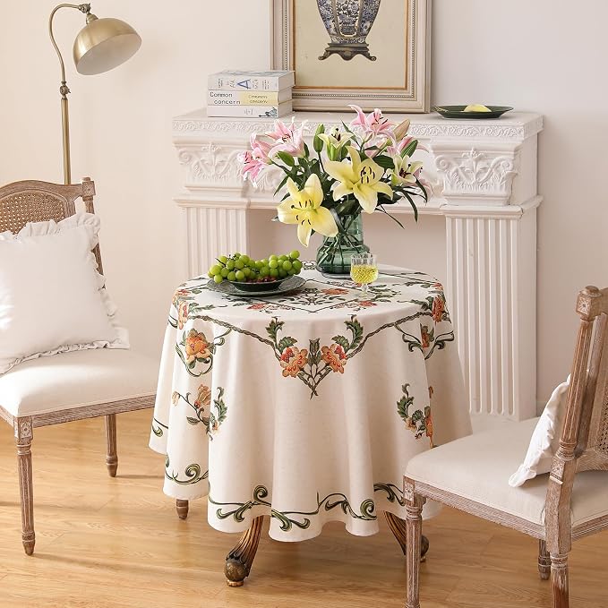patdrea Vintage French Linen Tablecloth,Round,Diameter 55"-Santiago C | Beautiful Print Table Cloth for Round Table,Colorful Floral Patterned,for Dining Room Tea Party Thanksgiving
