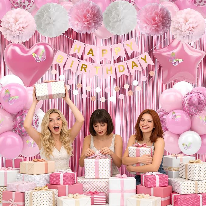 Pink White Birthday Party Decorations 12INCH Light Pastel Pink Confetti Balloons Happy Birthday Banner Cake Topper Fringe Curtain Paper Pom Poms Butterfly Sticker 18INCH Heart Star Foil Girls Women