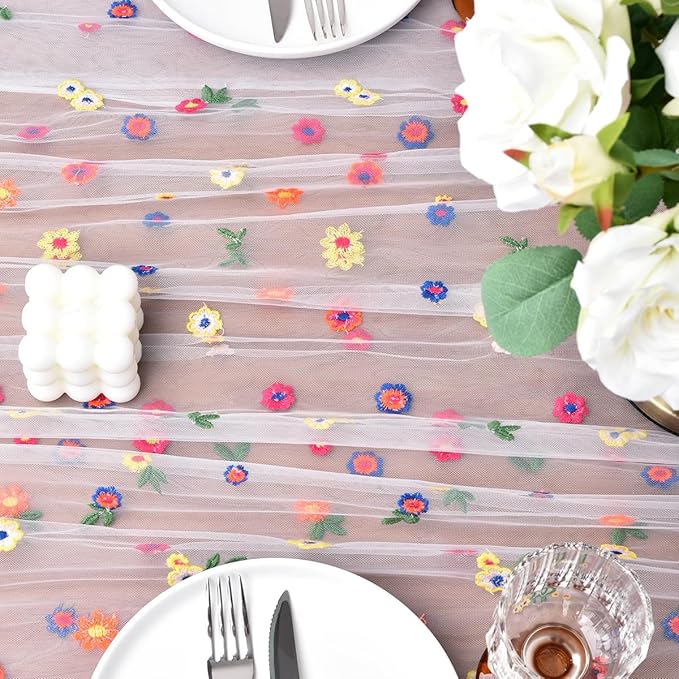 Joanlody 3pcs Ivory Summer Flower Table Runner 10ft Embroidery Daisy Floral Seasonal Tulle Table Runner for Home Garden Tea Party Holiday Birthday Decoration