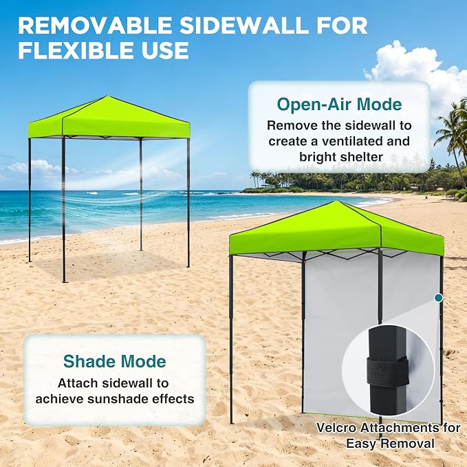 EAGLE PEAK 6x4 Instant Pop Up Canopy Tent with 1 Side Wall Panel, Straight Leg Sun Shelter, Portable Canopy with Carry Bag for Camping, Beach & Sports, Neon Green