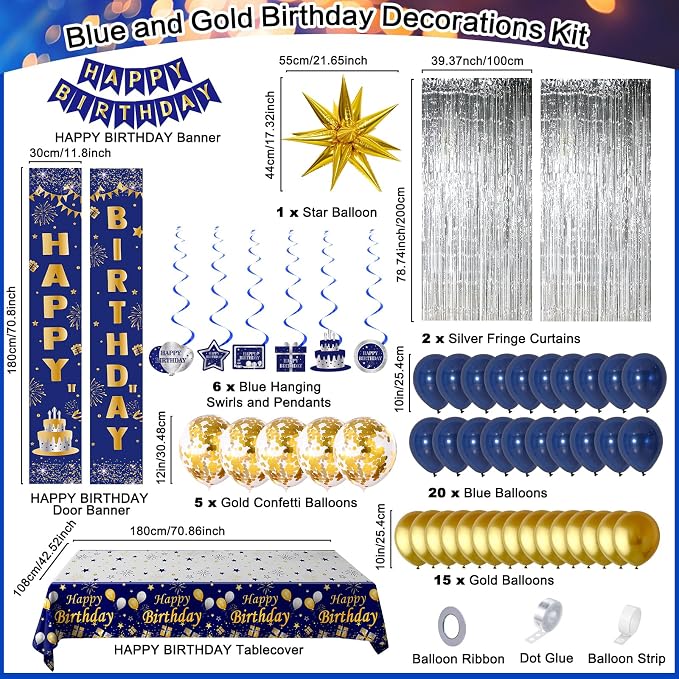 Black and Gold Birthday Decorations for Men Women, Happy Birthday Decorations Gold and Black Party Decoration Kit, Happy Birthday Banner Balloons Tablecover Fringe Curtain Swirls, Mens Man Bday Decor