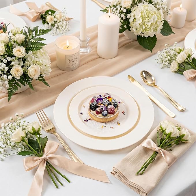 I00000 200 Pcs Ivory Plastic Plates, Disposable Party Plates Include 100 Ivory Dinner Plate 10’’ and 100 Plastic Dessert Plate 7’’ Perfect for Birthday, Party & Wedding