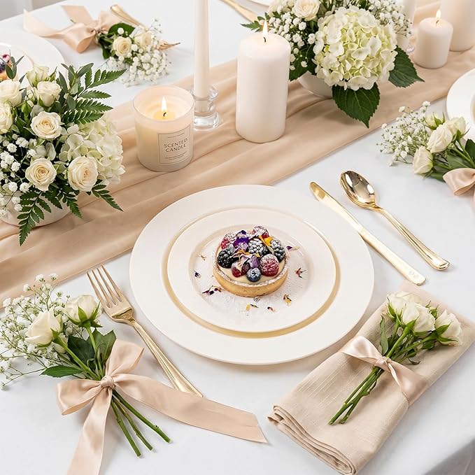 I00000 102 Pcs Ivory Plastic Plates, Disposable Party Plates Include 51 Ivory Dinner Plate 10’’ and 51 Plastic Dessert Plate 7’’ Perfect for Birthday, Party & Wedding