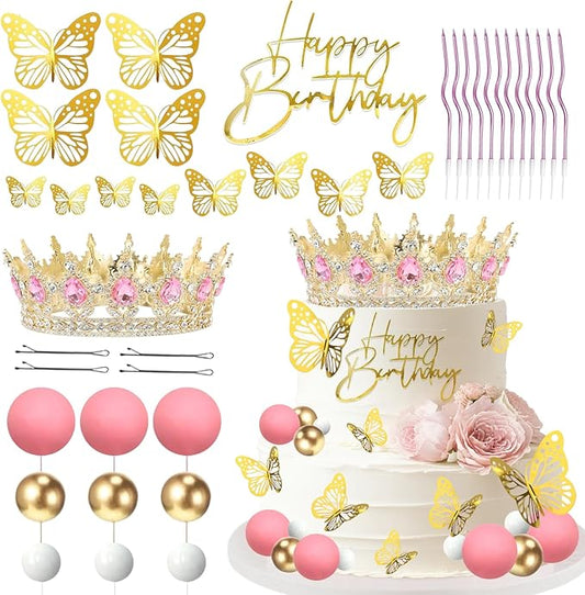 Crown Cake Topper Set, Balls Crown Happy Birthday Cake Topper with Birthday Candles Gold Butterflies, Corona Para Pastel Cake Decorations for Wedding Girl Women Party (Gold Pink2)