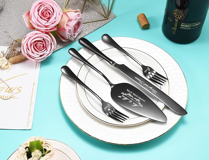 Wedding Cake Knife and Server Set, Black Cake Cutting Set for Wedding, 4 Pieces Set with Forks for Engagements, Anniversaries, Bride and Groom