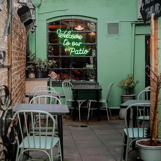 Welcome to Our Patio Neon Sign Green Led Light Plants Neon Signs for Wall Decor Bar Outdoor Light Up for Cafe Business Backyard Terrace Home Garden Party Decoration Jungle Lovers Gifts