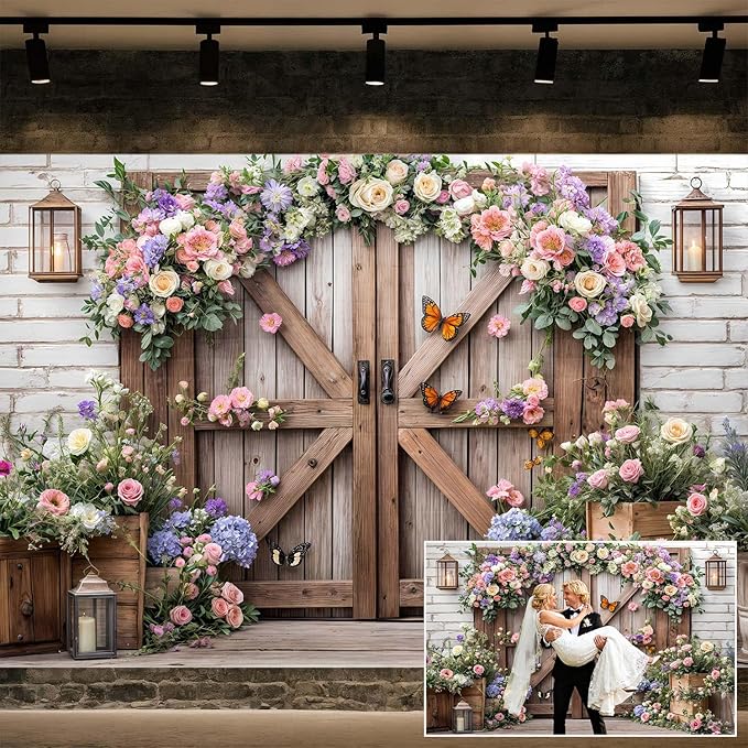 12X8ft Wedding Rustic Barn Door Photography Backdrop Vintage Wood Board Pink Purple Rose Flowers Bridal Anniversary Party Photo Shoot Decor Props