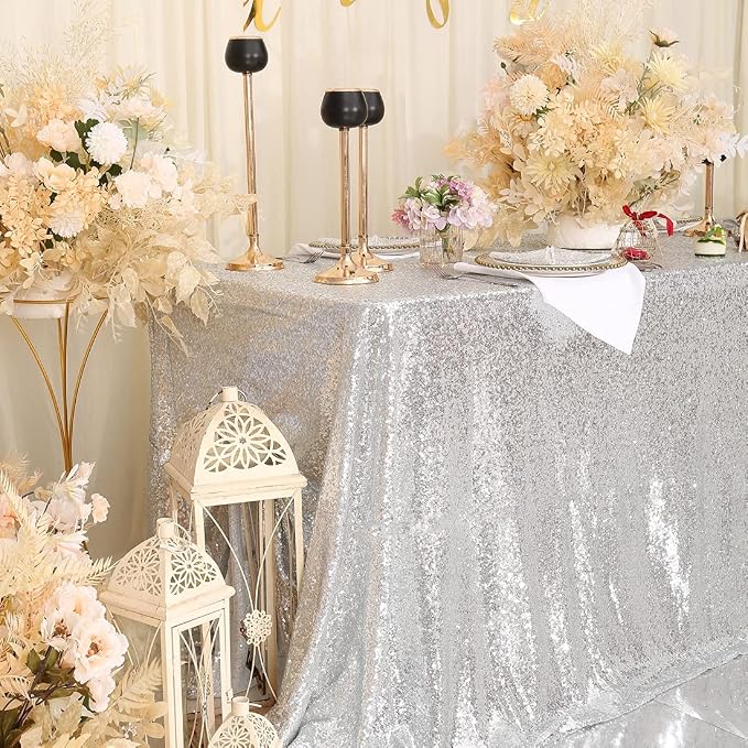 Eternal Beauty Silver Tablecloth, 50x50 Inch Sequin Square Glitter Table Cover for Cake Dessert Exhibition Party Birthday Events