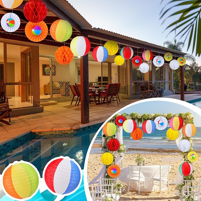 Retisee 18 Pcs Summer Beach Theme Party Decorations Beach Ball Paper Lanterns Fans Honeycomb Decorations Kit Summer Lanterns Fans Honeycomb for Pool Party Supplies