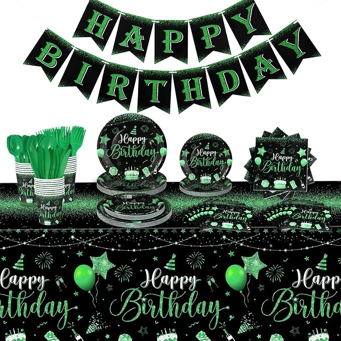 Vesici 171 Pcs Happy Birthday Party Supplies 24 Set Disposable Party Tableware include Plates Cups Napkins Cutlery and Banner Tablecloth Birthday Dinner Decorations for Men Woman(Black, Green)